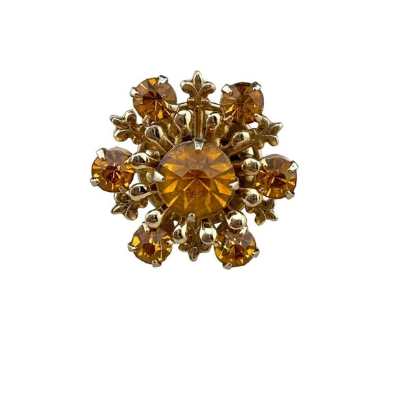 Vintage Gold Tone Orange Rhinestone Starburst Design Lapel Pin Brooch - Picture 1 of 5